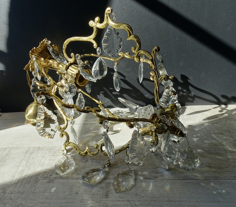 Lámpara de araña francesa vintage de bronce con jaula de cristal: Pampilla de 5 brazos imagen 6