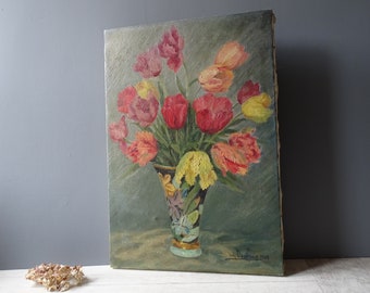 Pittura di fiori di tulipano francese vintage, pittura di natura morta, olio su tela, firmato.