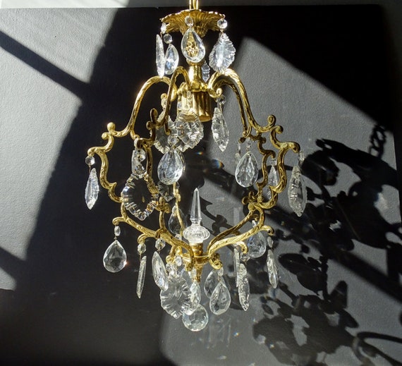 Vintage French Bronze Crystal Cage Chandelier: 5-Arm Pampilla