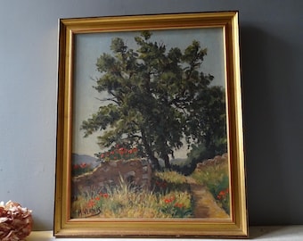 Vintage Original Provence French Landscape Painting ,Signed VERNIS,/Tree Painting with old stone wall/French Provence painting.