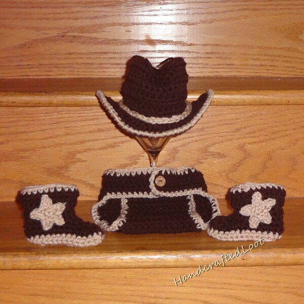 Crochet Newborn Baby Cowboy Hat Boots Outfit Photo Prop Set Diaper Cover 0-3, 3-6 Month Shower Gift Keepsake