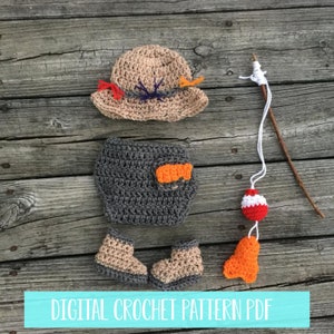 May include: Crochet pattern for a baby fisherman outfit, including a hat, pants, boots, and a fishing rod. The outfit is in shades of brown, gray, and orange.