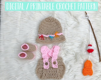 Baby Girls Fishing Outfit Crochet Pattern, Newborn Photo Prop Crochet Pattern, Girls Coming Home Outfit Crochet Pattern PDF Instant Download