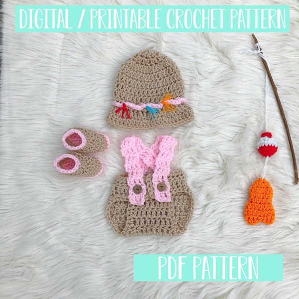 Baby Girls Fishing Outfit Crochet Pattern, Newborn Photo Prop Crochet Pattern, Girls Coming Home Outfit Crochet Pattern PDF Instant Download