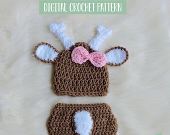 Baby Girls Deer Outfit Crochet Pattern, Newborn Photo Prop Crochet Pattern, Girls Coming Home Outfit Crochet Pattern PDF Instant Download