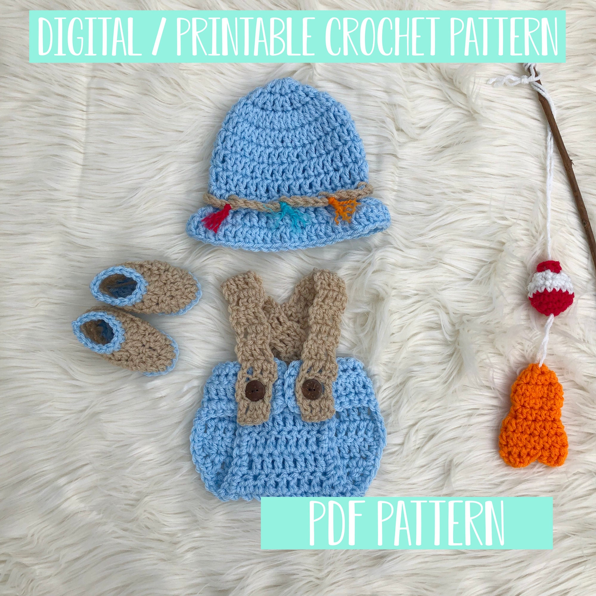 Baby Boys Fishing Outfit Crochet Pattern, Newborn Photo Prop