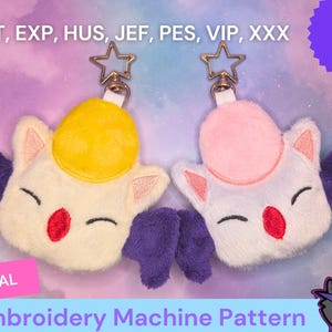 May include: Two plush white character keychains with purple wings and yellow and pink star-shaped headbands. The keychains are on a purple and blue background with the text "DST, EXP, HUS, JEF, PES, VIP, XXX" and "4X4 ITH" in white. The text "DIGITAL Embroidery Machine Pattern" is at the bottom of the image.