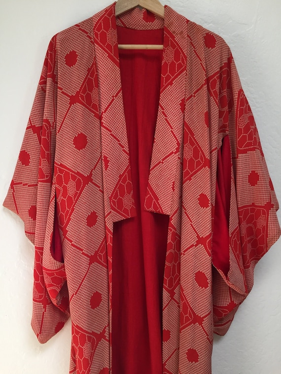 Kimono Antique Japanese Kimono Red Patterned Vinta