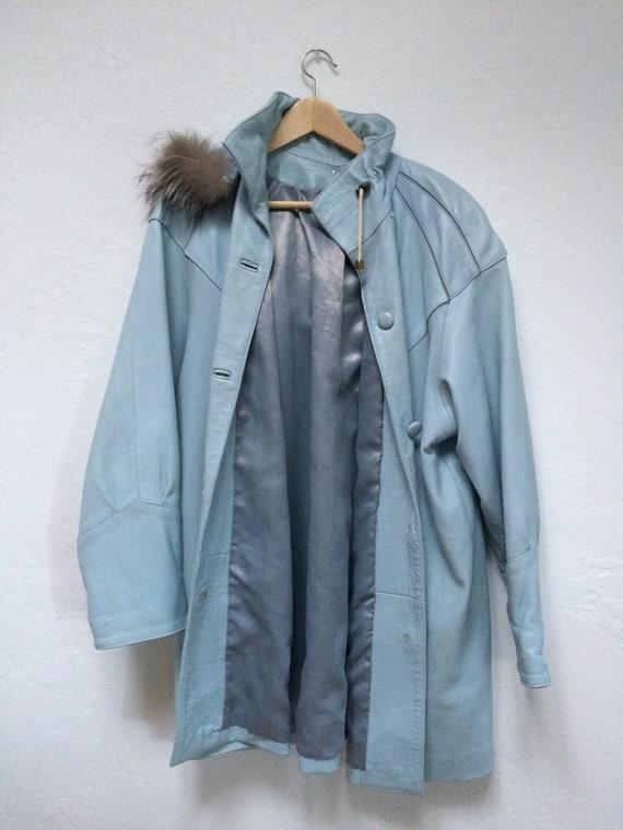 Vintage Leather Jacket Vols Nous Fashion Brand Baby Blue Coat With Real Fur Hood Liner Hooded Female