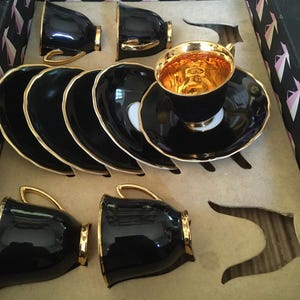 RGK Czechoslovakia 6x Gold Porcelain Coffee Cups & Saucers - Boxed Vintage