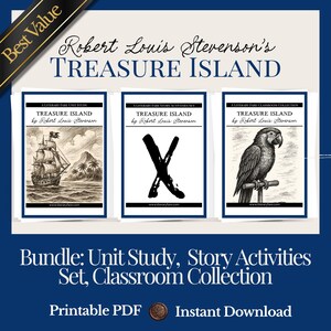 Op de afbeelding: Een digitaal pakket voor Robert Louis Stevenson's Treasure Island, met drie printbare PDF-covers. De ontwerpen bevatten een zeilschip, een grote zwarte X en een papegaai op een stok, allemaal met de tekst Literary Fare en Treasure Island.