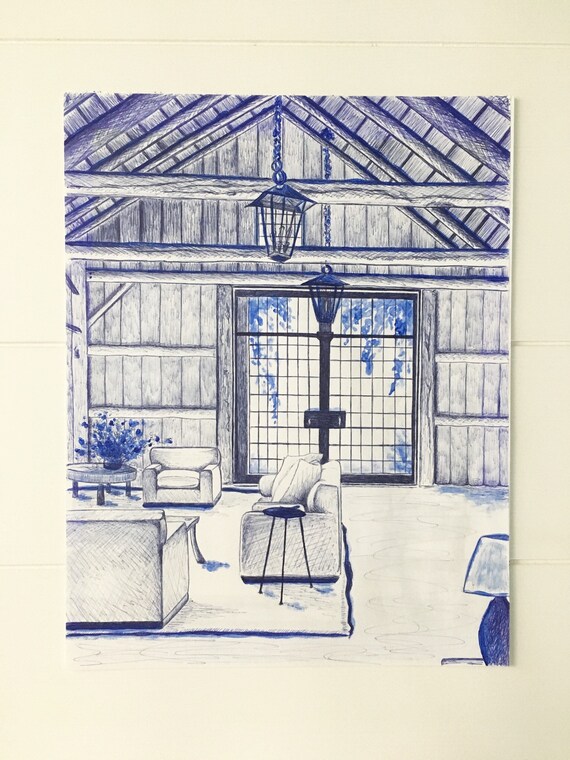 Original Art Framed Ink On Paper Drawing Dreamy Log Cabin Etsy