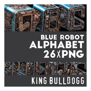 Blaues Roboter Alphabet png, 26 Blaue Buchstaben zum Thema Roboter, Digitaldruck, Illustration, Aufkleber, Scrapbook, Junk Journal, Papierhandwerk