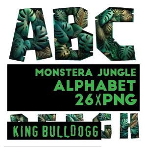 Alfabeto de la jungla Monstera png, 26 letras con temática de jungla, impresión digital, conjunto de ilustraciones, pegatinas, álbum de recortes,