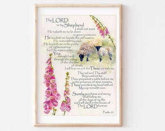 Psalm 23 Scripture Art Print Lambs Christian Watercolour Digital Download