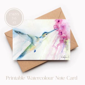 Biglietto di auguri acquerello Blue Hummingbird, biglietto d'auguri artistico stampabile, PDF digitale, download immediato, vuoto per tutte le occasioni