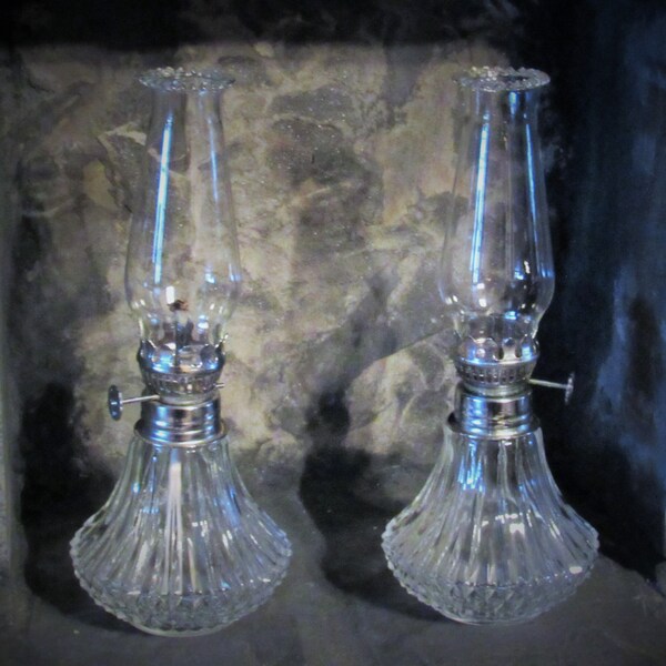 2 Clear Glass Oil Lamps, 9" tall, Fluted top, Lamplight Farms