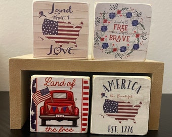 Patriotic Mini Tiered Tray Wood Blocks/Patriotic Tiered Tray Signs/Patriotic Tiered Tray Decor