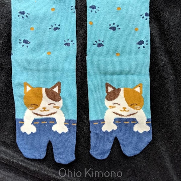 Blue Cat Tabi Socks - Yoga Socks - Flip Flop Socks - Kimono Socks