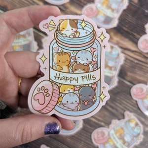 Cat Happy Pill Sticker - Cat Vinyl Sticker - Happy Pill Cat Sticker - Water Bottle Sticker - Laptop Sticker - Mental Health Sticker