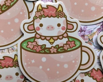 Cow Teacup Vinyl Sticker - Kawaii Laptop, Water Bottle Decal