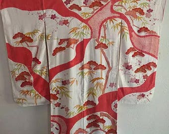 White & Red Pine Furisode Kimono