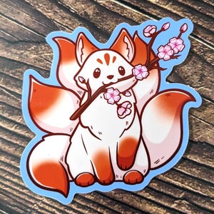 Kitsune & Sakura Sticker - Water Bottle Sticker - Fox Sticker - Laptop Sticker