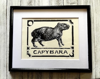 Capybara - matted and framed, hand printed Linocut print, original eclectic wall art signed by the artist