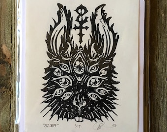 Sacred Trust Rabbit Print: Hand-Carved Linocut Art with Stickers