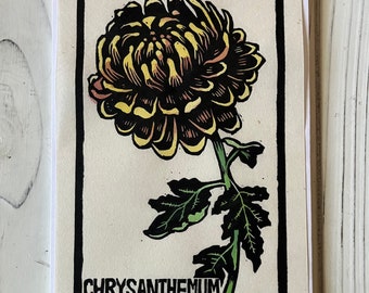 Linocut Chrysanthemum flower - Scorpio astrology sign, hand colored print