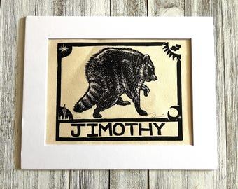Jimothy raccoon original linocut in mat, signed and numbered
