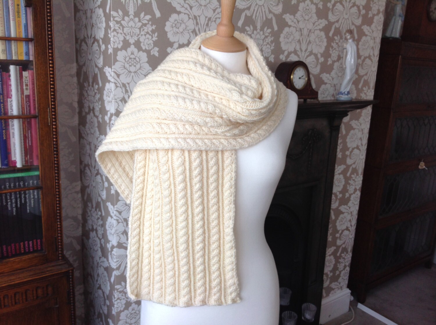 Cream Hand Knitted Aran Cable Scarf to 
