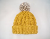 Retro mustard yellow hand knitted aran beanie bobble hat - range of sizes available from 0-24 months