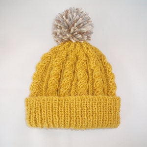 Retro mustard yellow hand knitted aran beanie bobble hat unisex design to fit men and women one size image 1