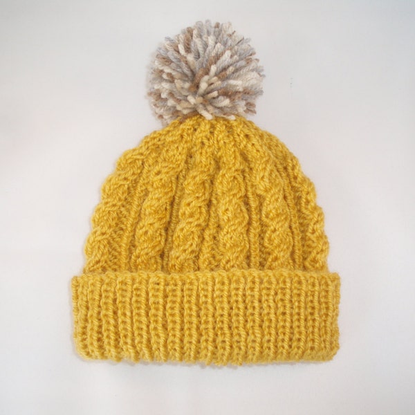 Retro mustard yellow hand knitted aran beanie bobble hat - range of sizes available from 0-24 months