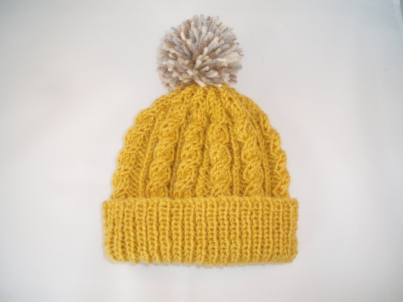 Retro mustard yellow hand knitted aran beanie bobble hat unisex design to fit men and women one size image 1