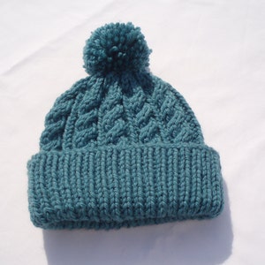 Teal hand knitted aran beanie bobble hat Unisex adult sizes standard/XL Rowan pure wool aran image 1