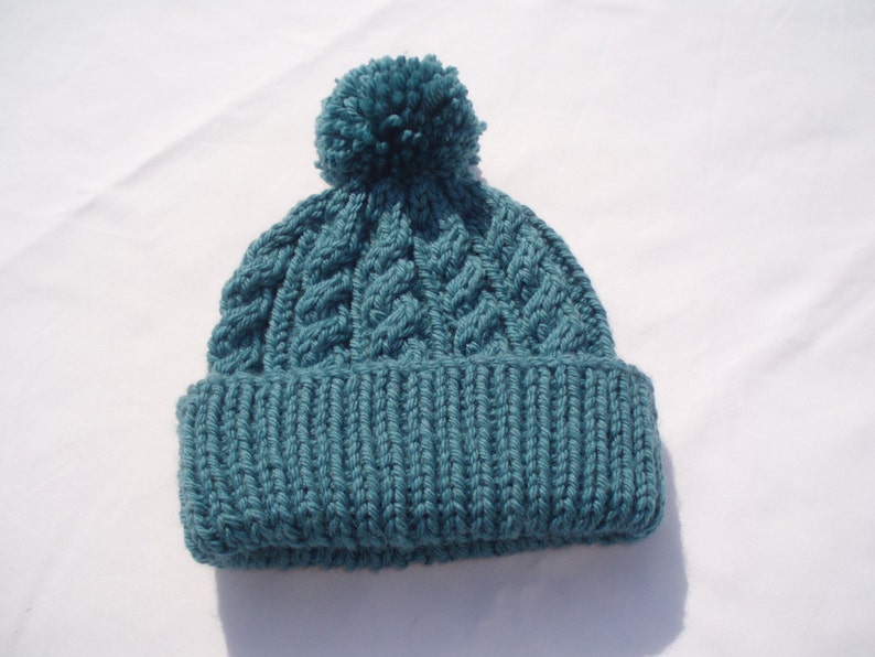 Teal hand knitted aran beanie bobble hat Unisex adult sizes standard/XL Rowan pure wool aran image 1