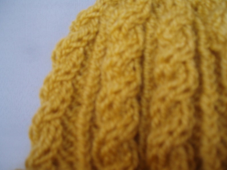 Retro mustard yellow hand knitted aran beanie bobble hat unisex design to fit men and women one size image 2