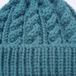 Teal hand knitted aran beanie bobble hat Unisex adult sizes standard/XL Rowan pure wool aran image 2