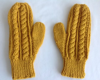 Retro mustard yellow hand knitted aran mitts - unisex design to fit teens