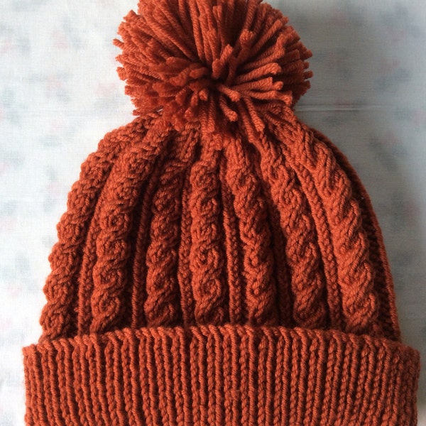 Rust hand knitted aran beanie bobble hat - Unisex adult sizes (standard/XL) - Debbie Bliss Rialto aran