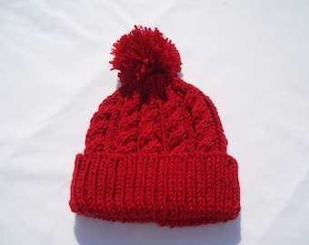 Red hand knitted aran beanie bobble hat - sizes from 2 years to teenage (unisex)- 100% merino wool