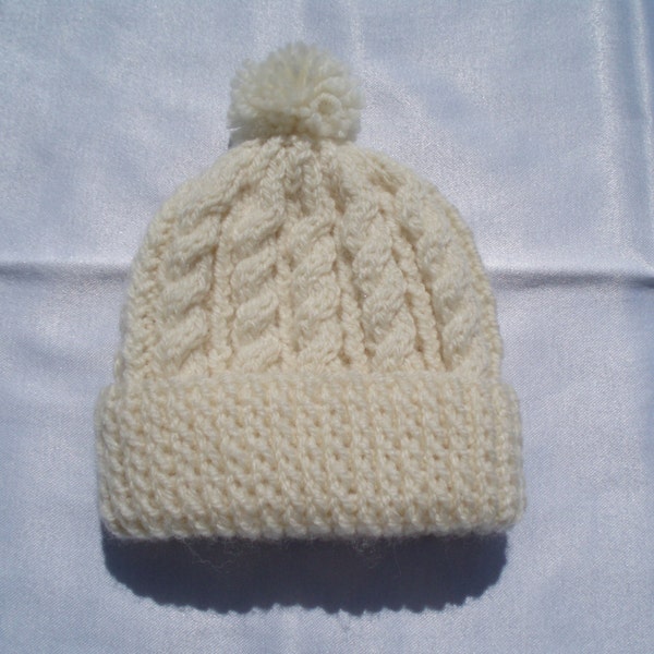 Cream hand knitted aran beanie bobble hat - unisex design for children age 2 years to teenage