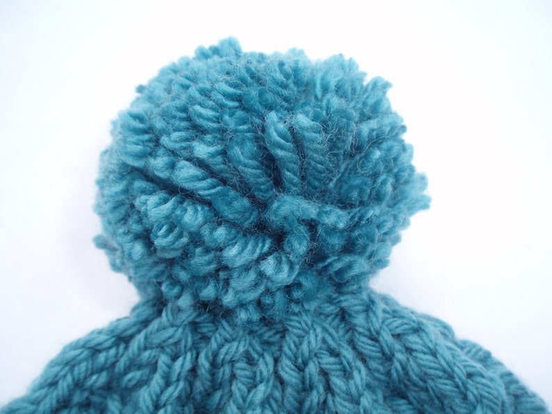 Teal hand knitted aran beanie bobble hat Unisex adult sizes standard/XL Rowan pure wool aran image 3