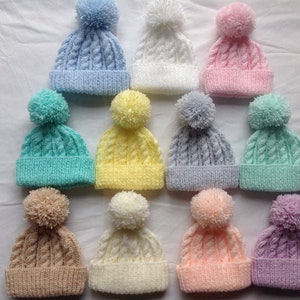 Premature / newborn hand knitted cable beanie bobble hat range of premature / newborn sizes and colours available image 1