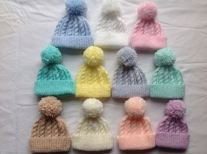 Premature / newborn hand knitted cable beanie bobble hat range of premature / newborn sizes and colours available image 1