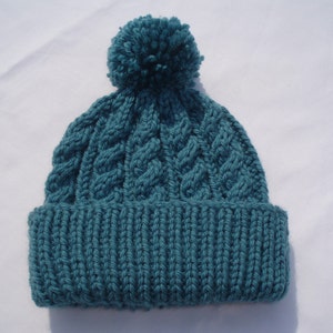 Teal hand knitted aran beanie bobble hat Unisex adult sizes standard/XL Rowan pure wool aran image 5