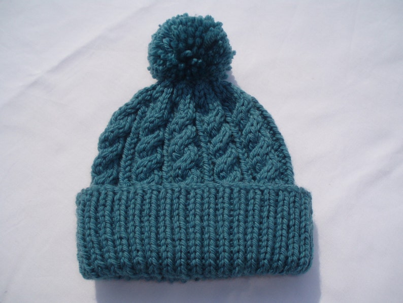 Teal hand knitted aran beanie bobble hat Unisex adult sizes standard/XL Rowan pure wool aran image 5