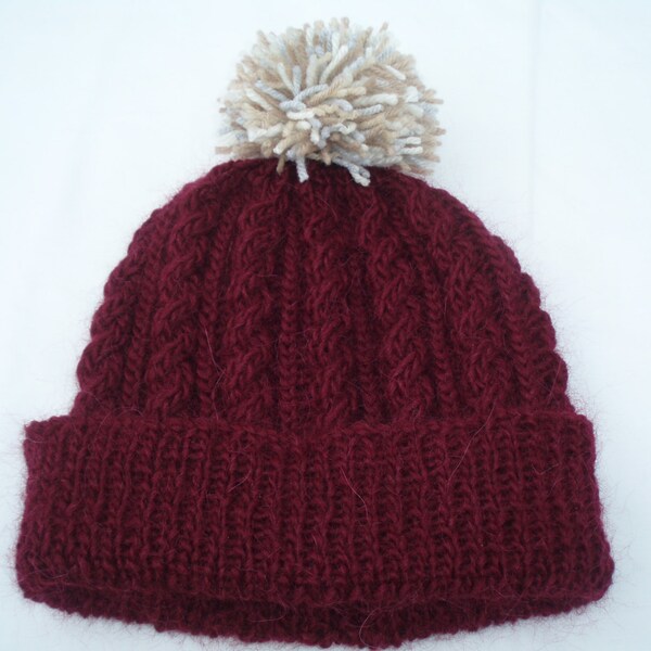 Wine / plum pure wool hand knitted aran beanie bobble hat - range of sizes available from 2 years to teenage